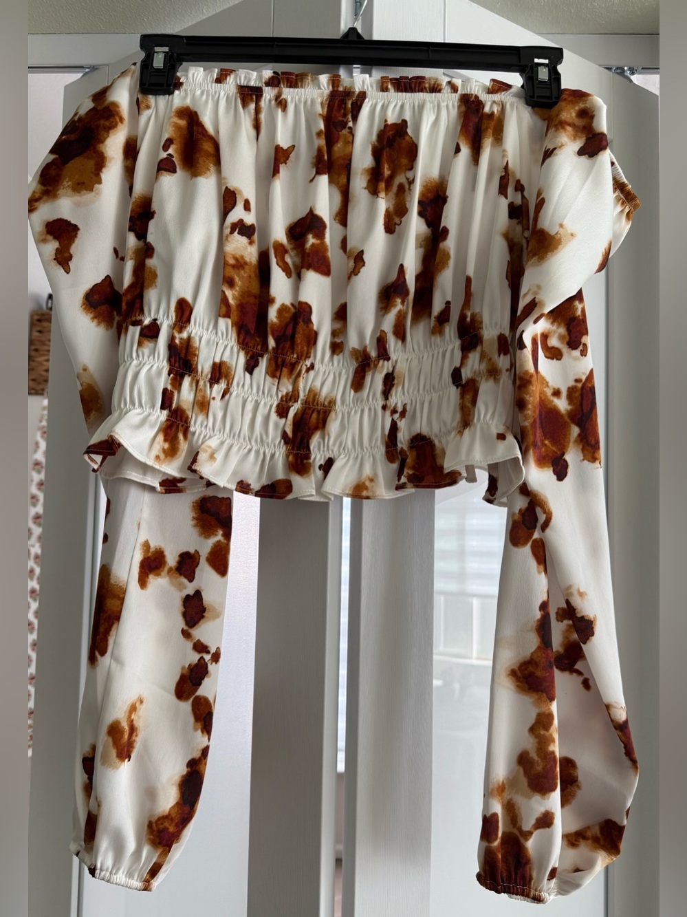 Bar III Women’s Cream Brown Print Smocked Waist Top